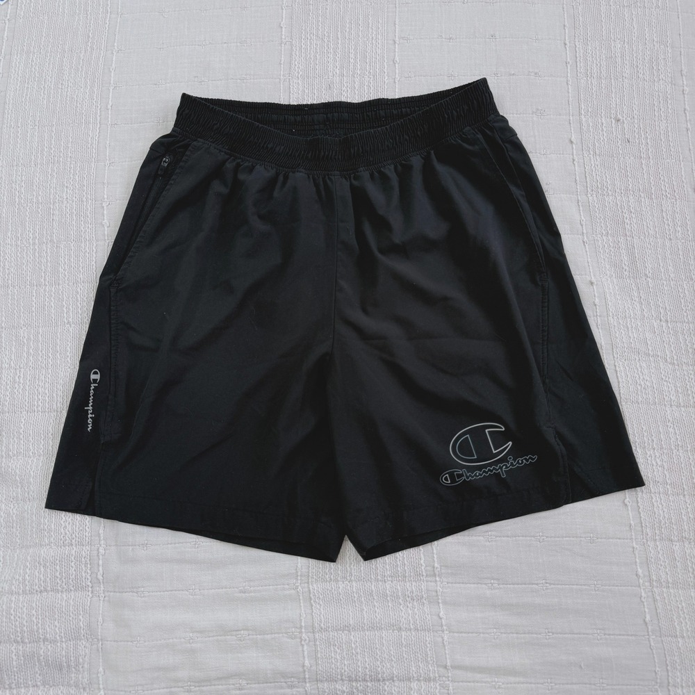 Champion Athletic Shorts Mens M Black Elastic Waist Zipper Pockets Logo